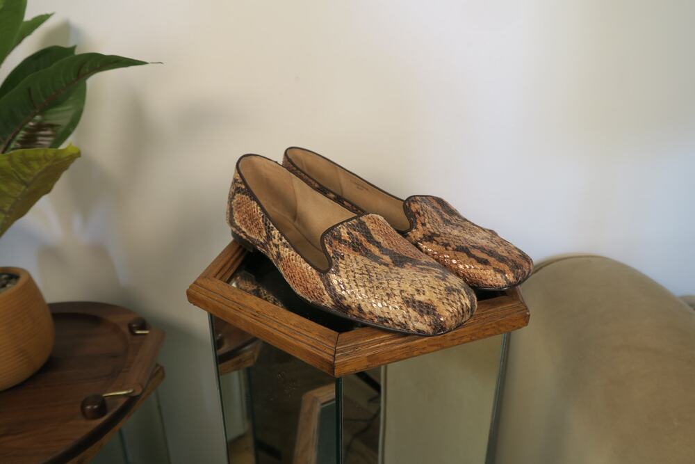 Tahari Bronze Snake-Print Sequin Loafer Flats,